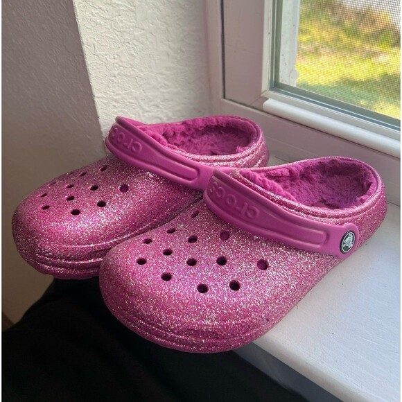 CROCS Shoes - Crocs Classic Clogs Fleece Lined Pink Magenta Sparkle Juniors Size 2 (EU 30-31)